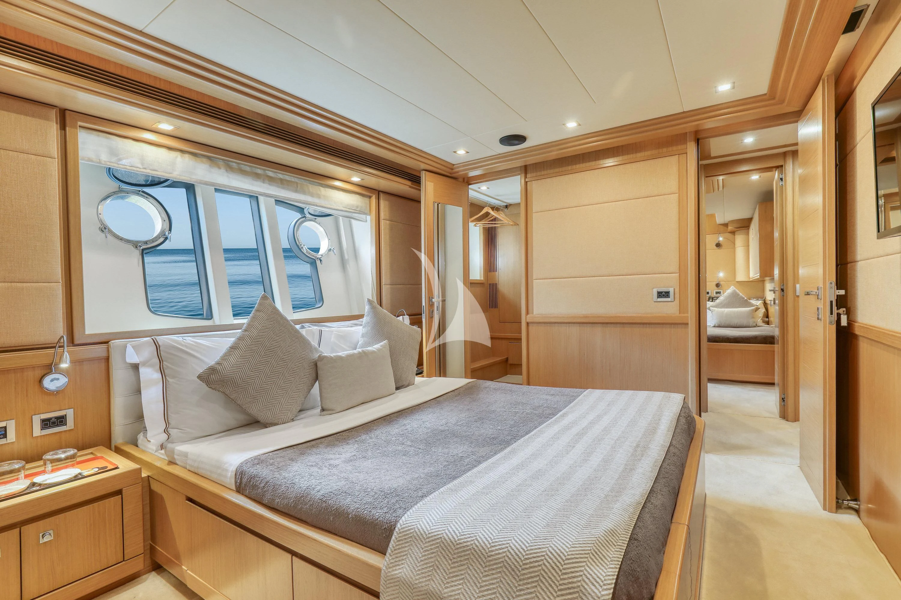 a bed in a room aboard EOLIA Yacht for Sale