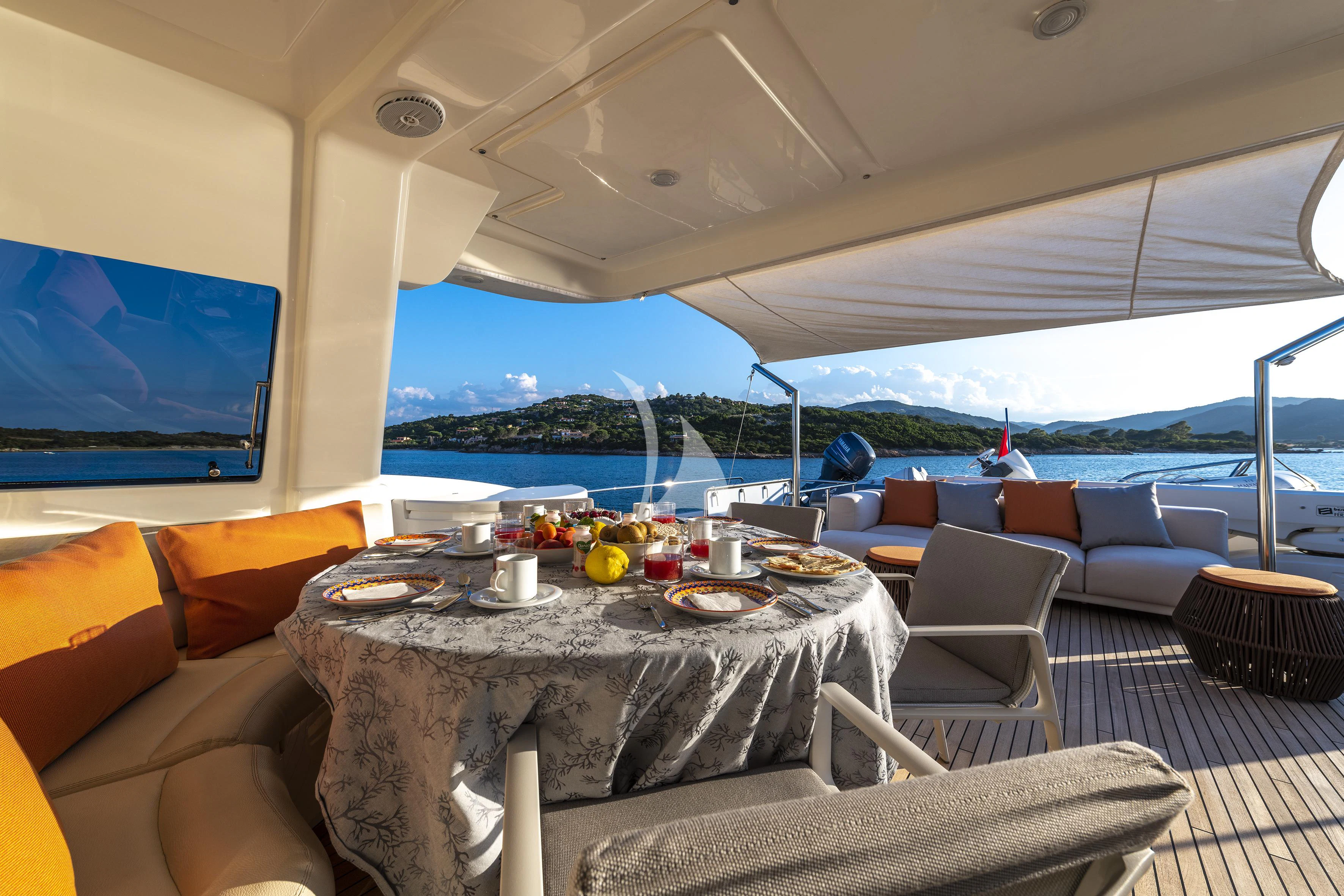 a large living room with a large flat screen tv aboard EOLIA Yacht for Sale