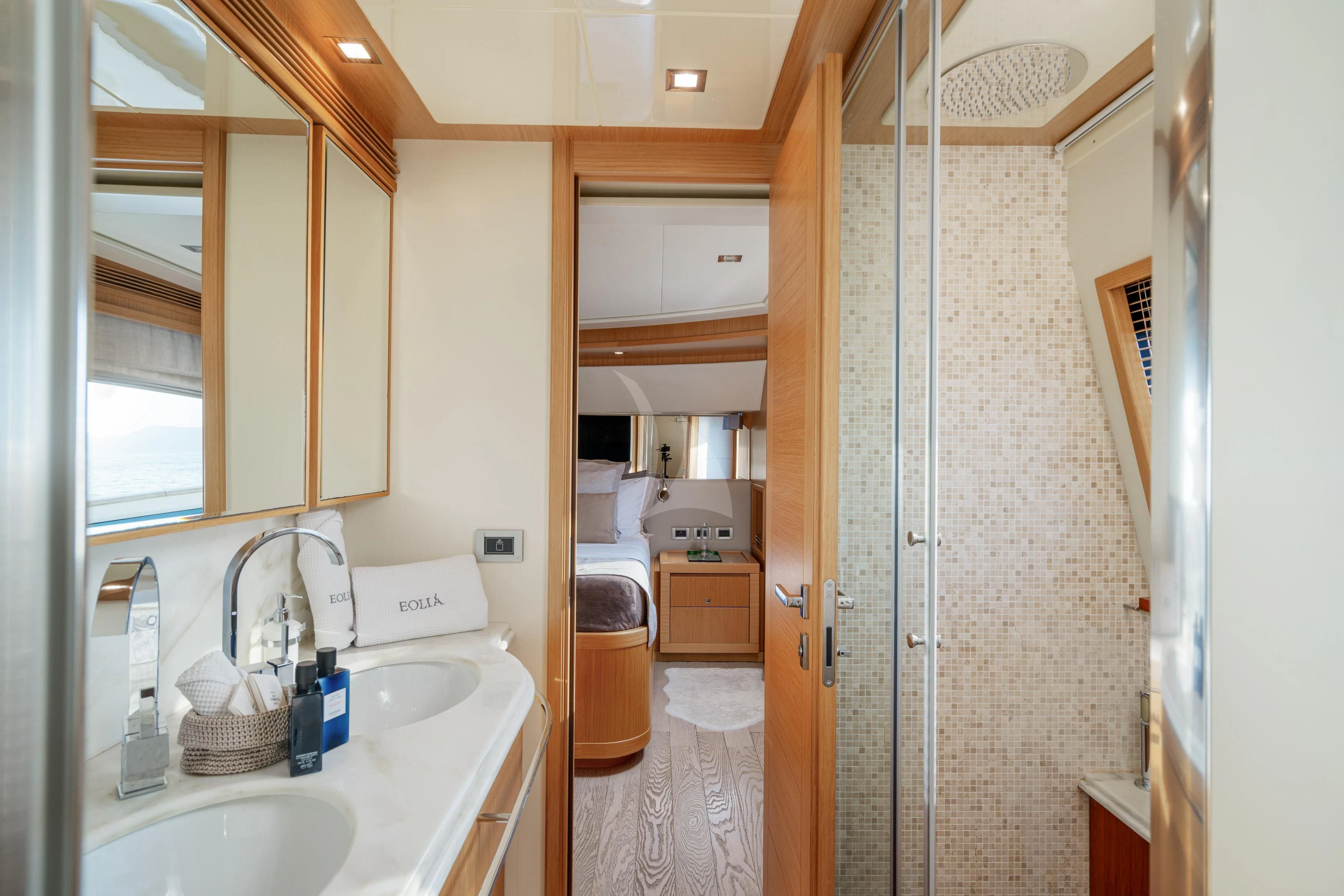 a bathroom with a sink and a shower aboard EOLIA Yacht for Sale