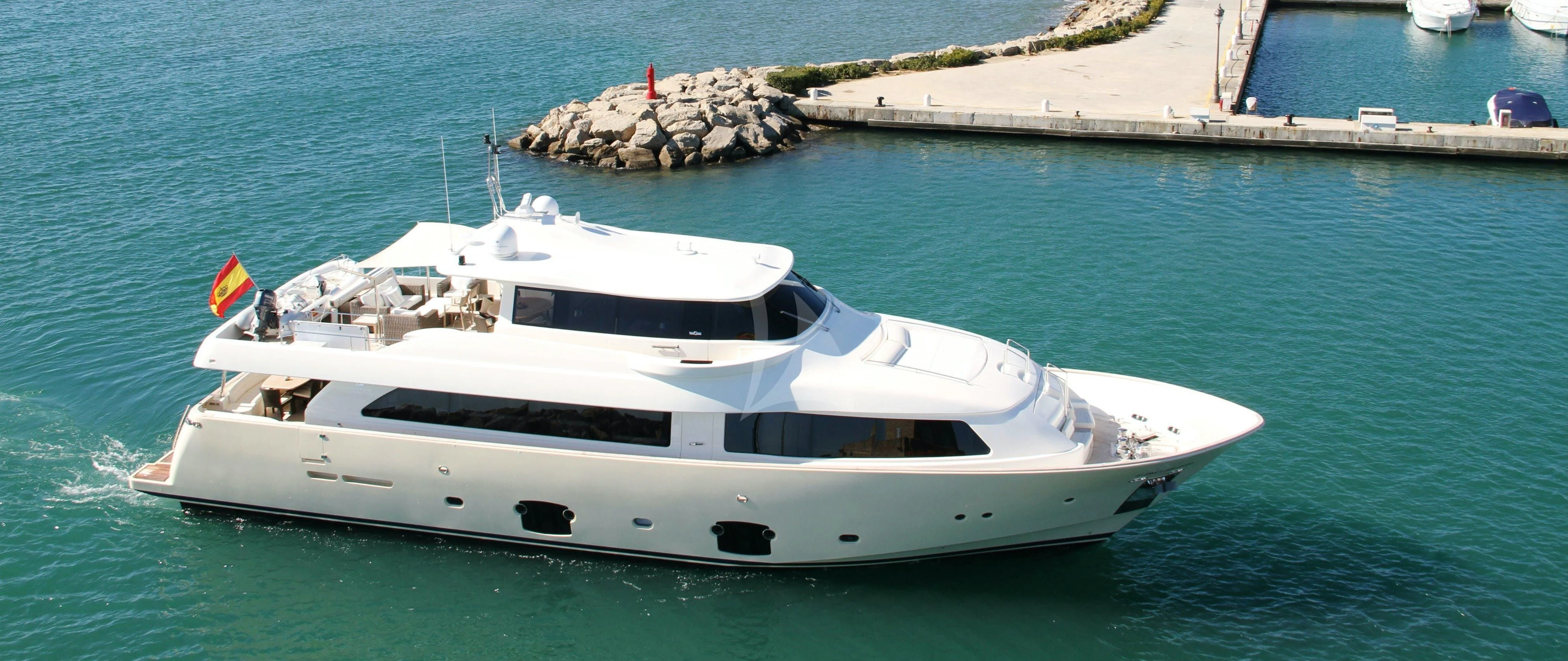 a white yacht on the water aboard EOLIA Yacht for Sale