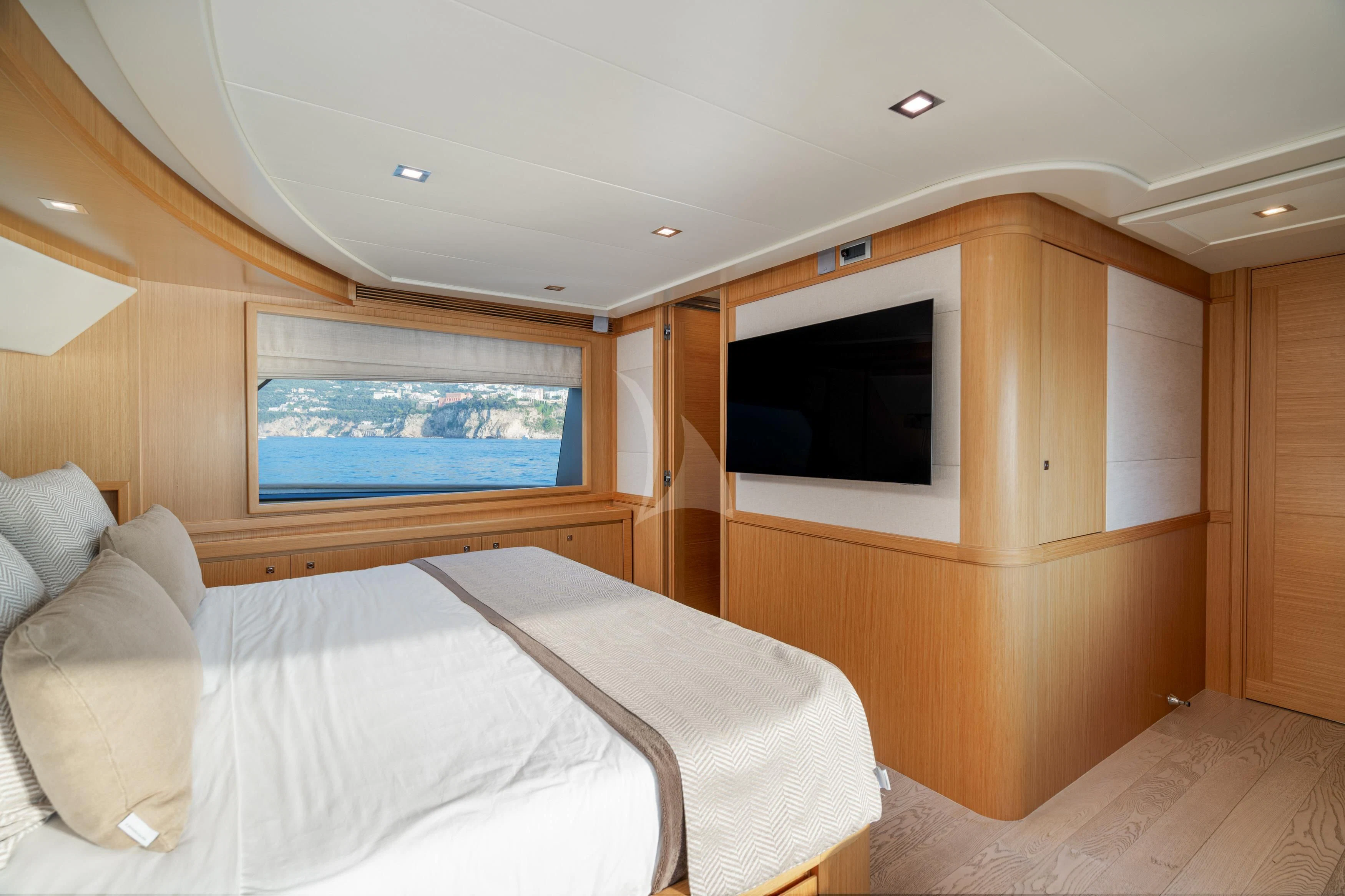 a cabin with a bed aboard EOLIA Yacht for Sale