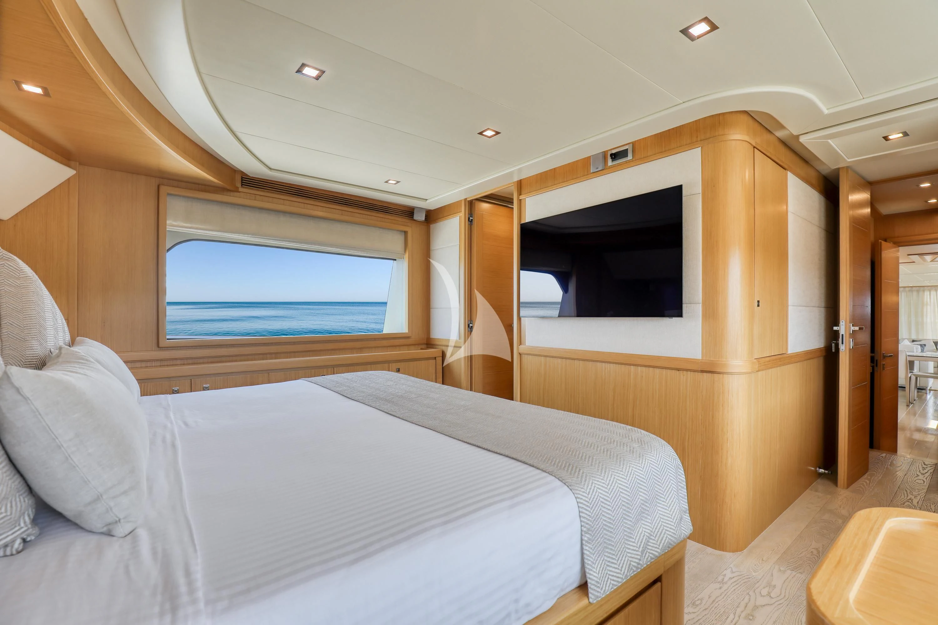 a bed in a room aboard EOLIA Yacht for Sale