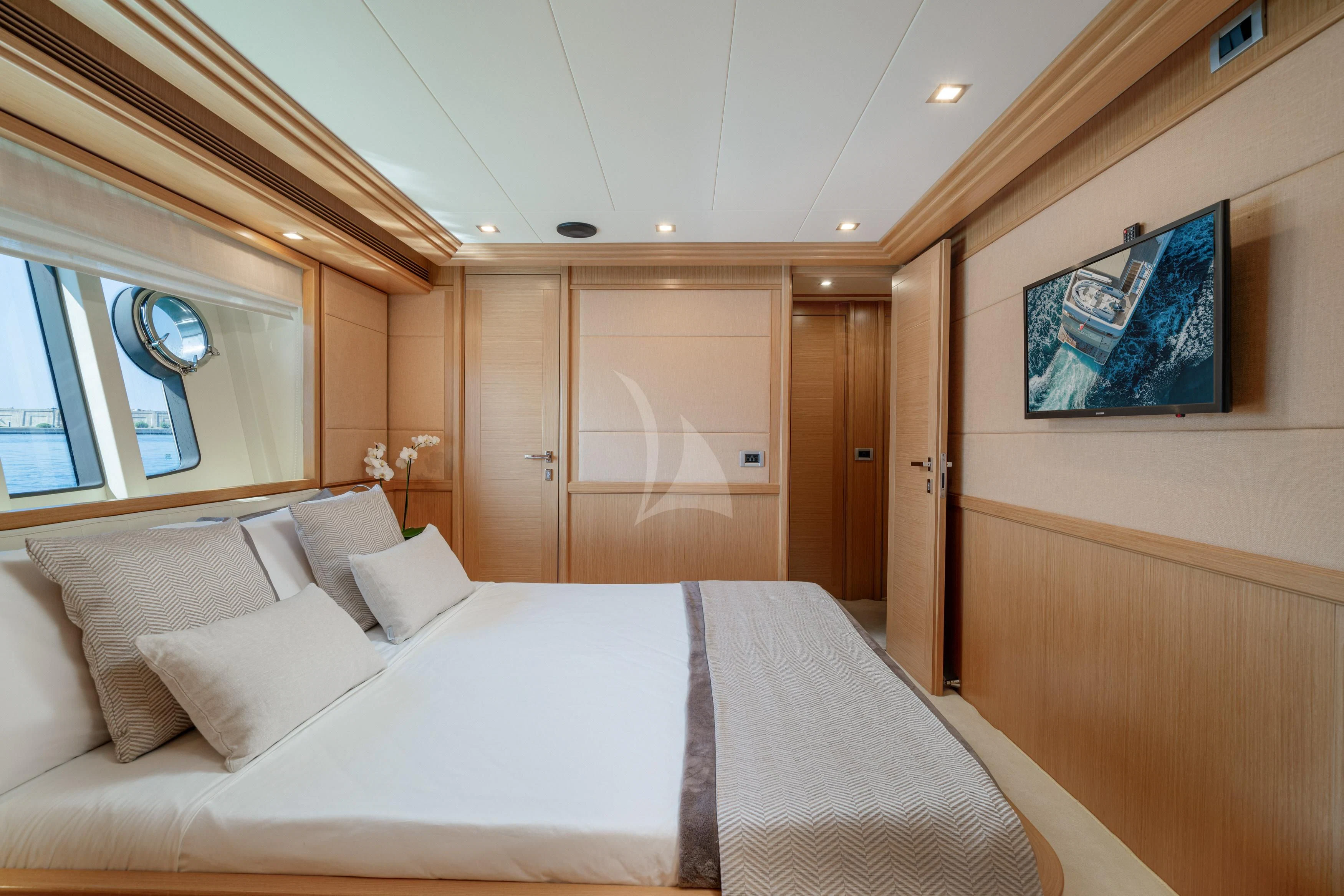 a bed in a room aboard EOLIA Yacht for Sale