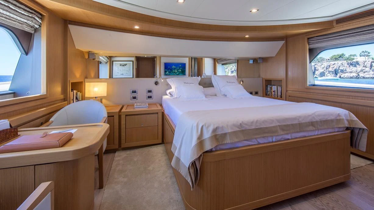 a room with two beds aboard EOLIA Yacht for Sale