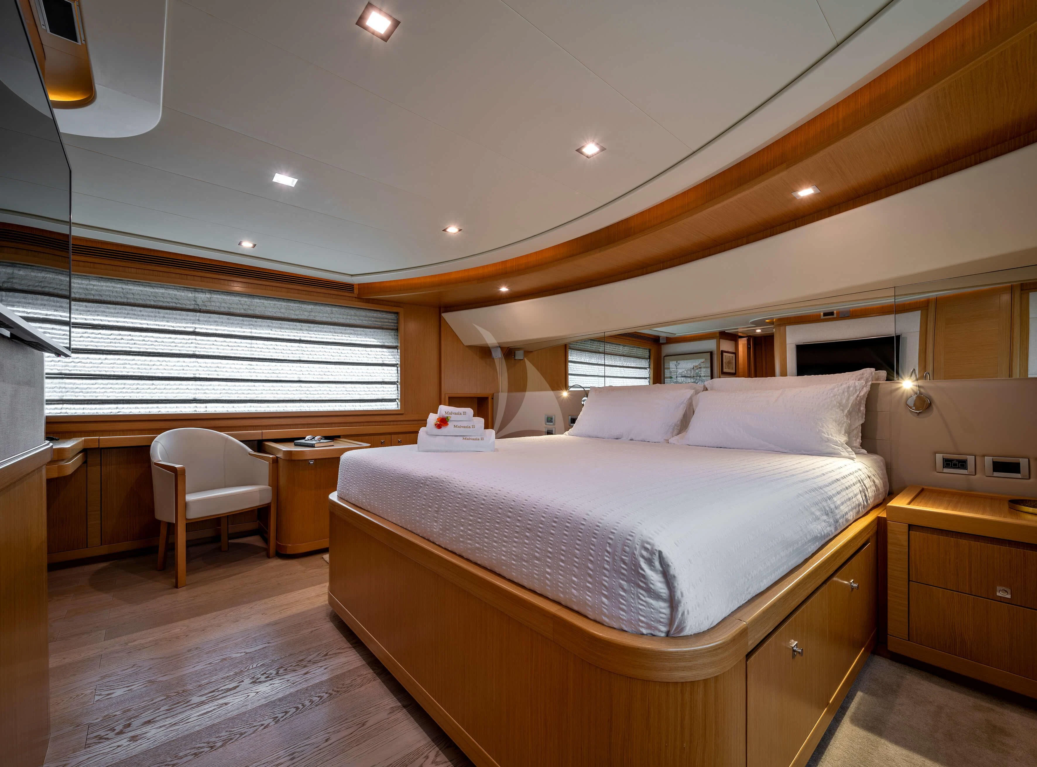 a bed in a room aboard EOLIA Yacht for Sale
