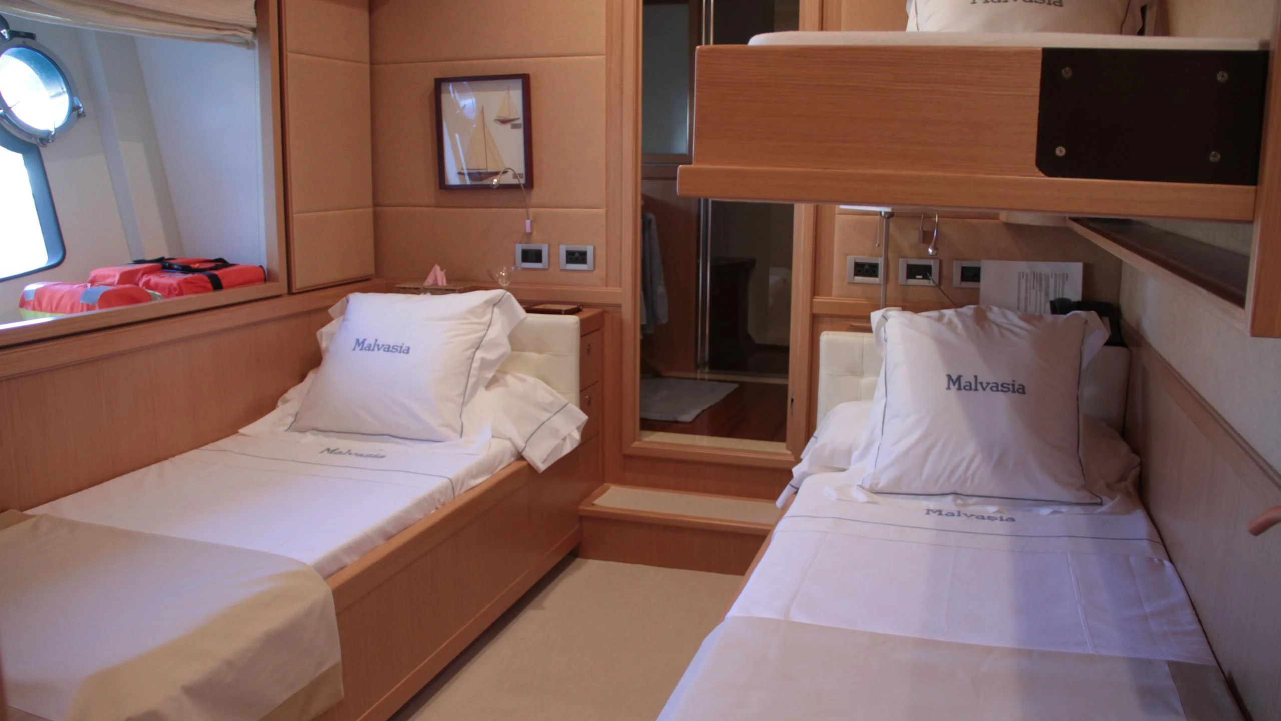 a room with two beds aboard EOLIA Yacht for Sale