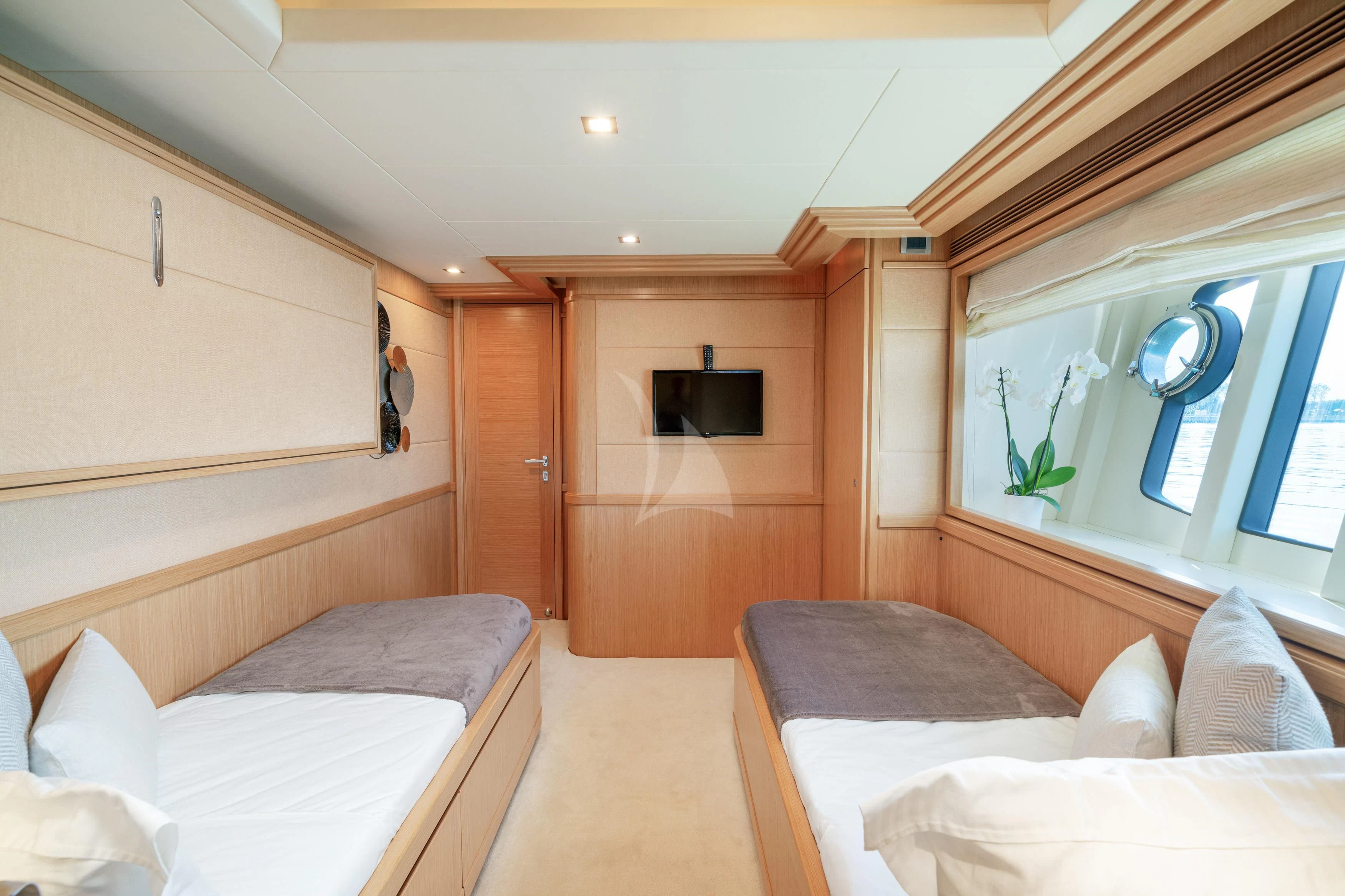 a room with two beds aboard EOLIA Yacht for Sale