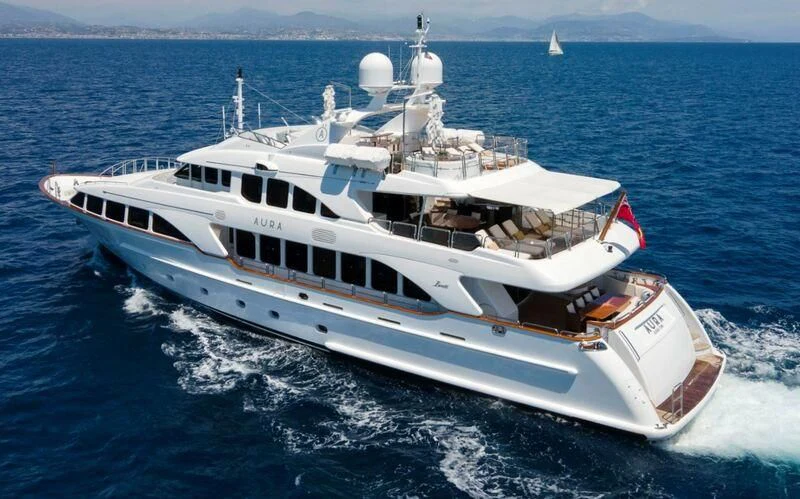 a boat on the water aboard AURA Yacht for Sale