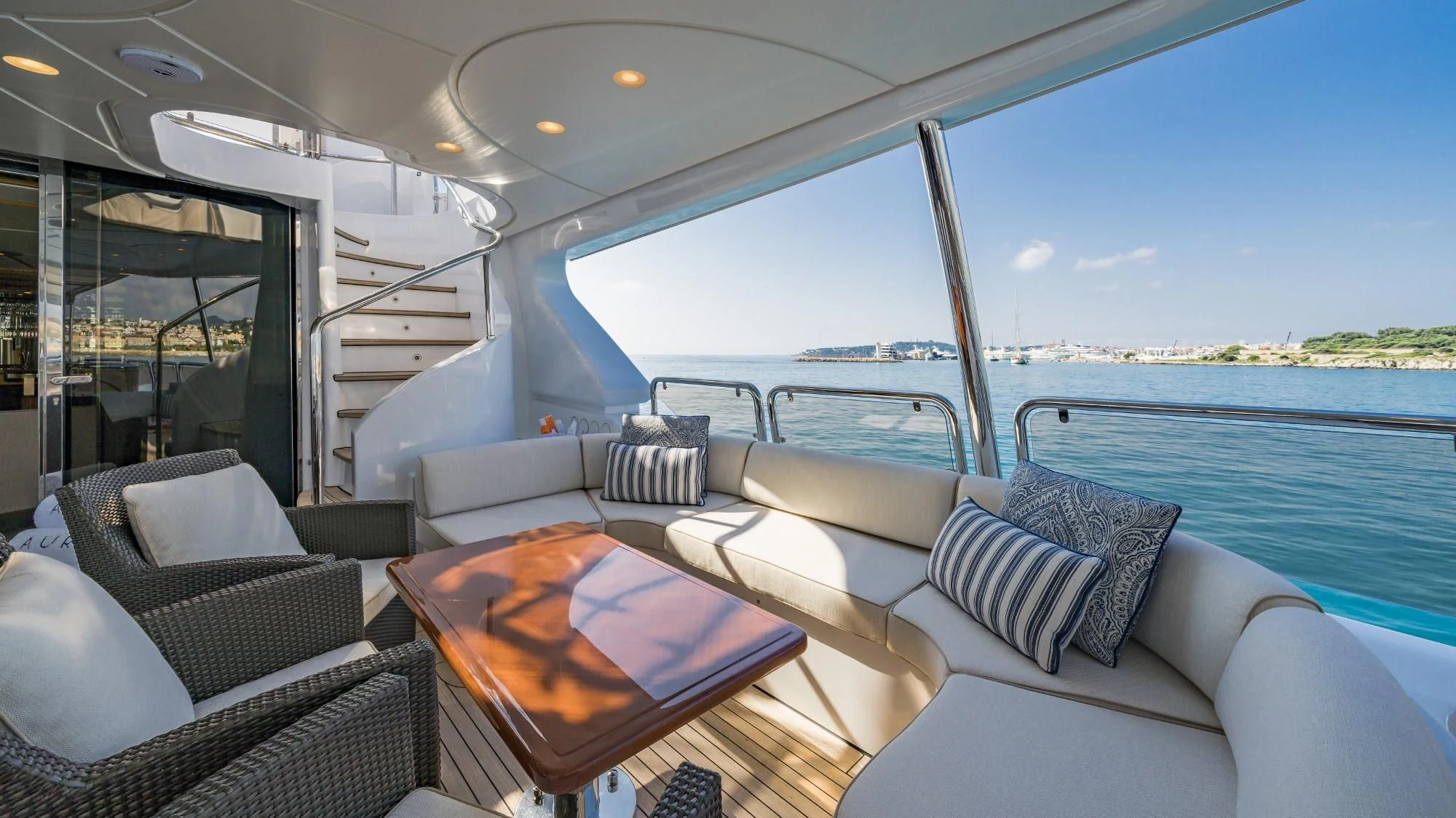 inside of a car aboard AURA Yacht for Sale