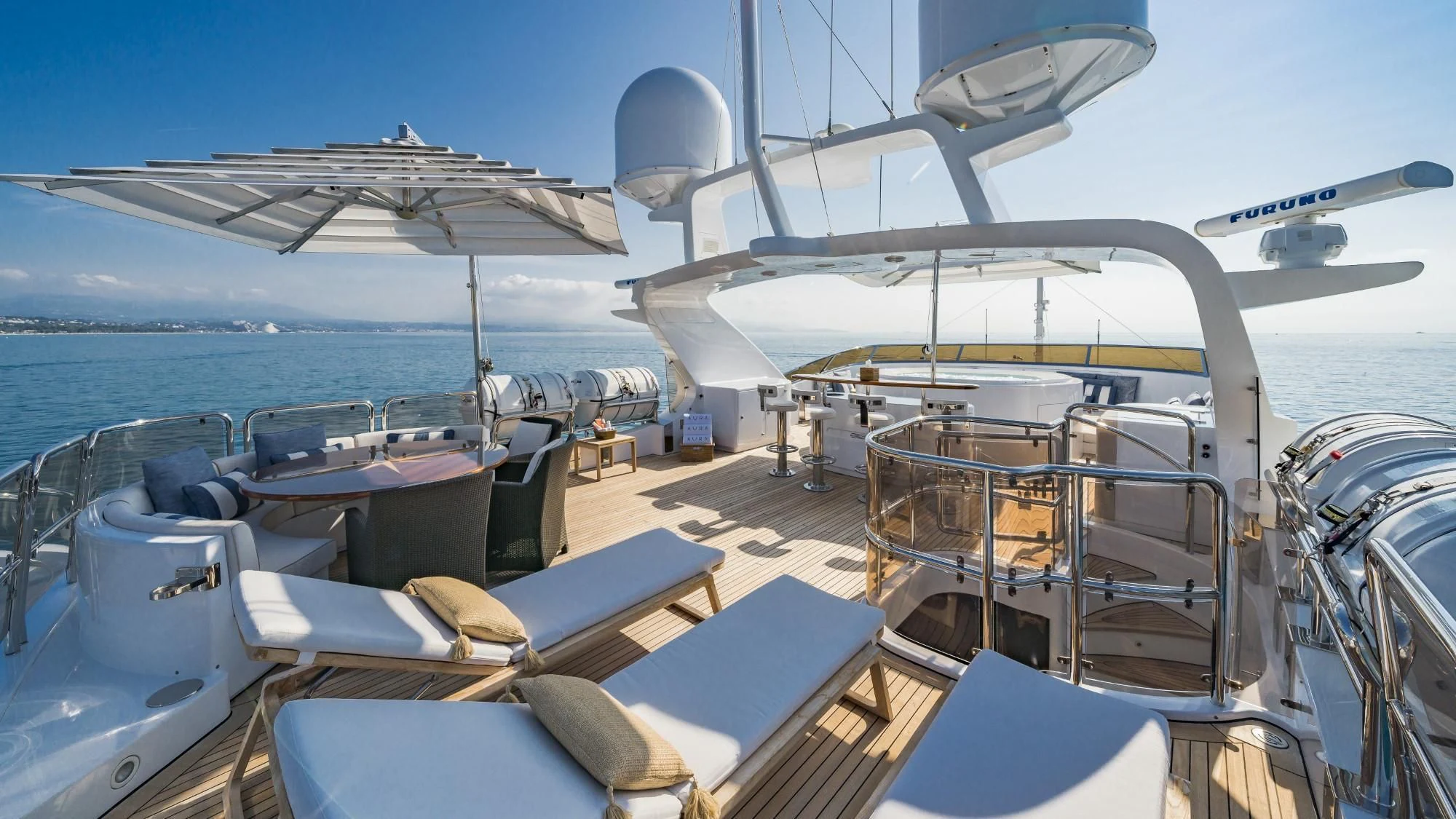 a boat on the water aboard AURA Yacht for Sale
