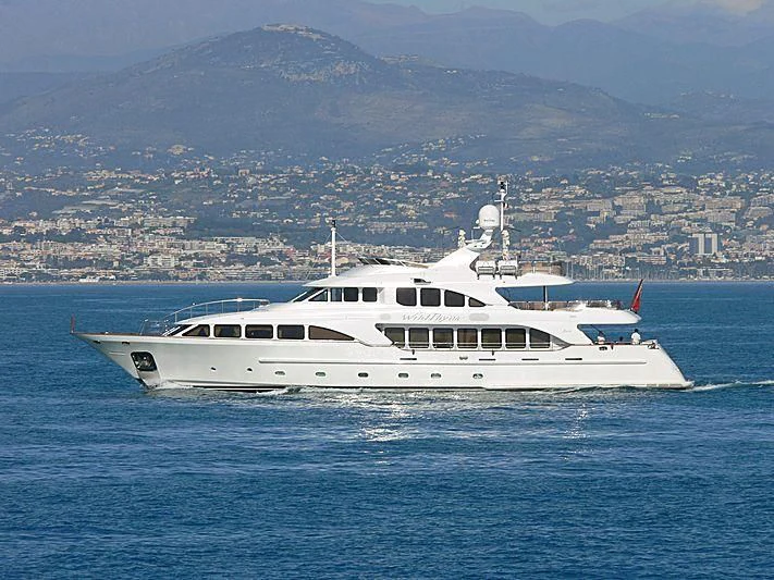 a white boat in the water aboard AURA Yacht for Sale