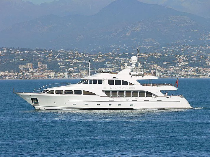 a white boat in the water aboard AURA Yacht for Sale