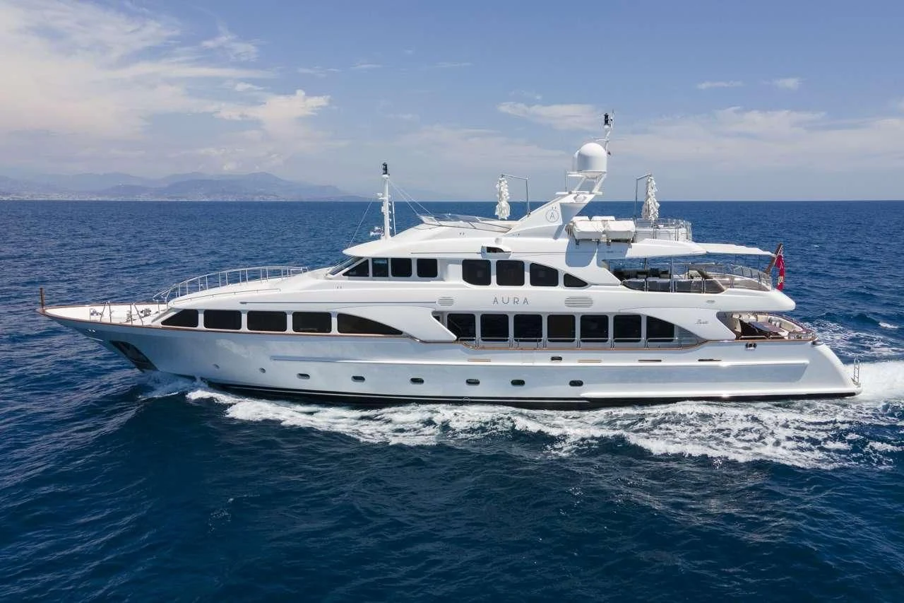 a boat in the water aboard AURA Yacht for Sale