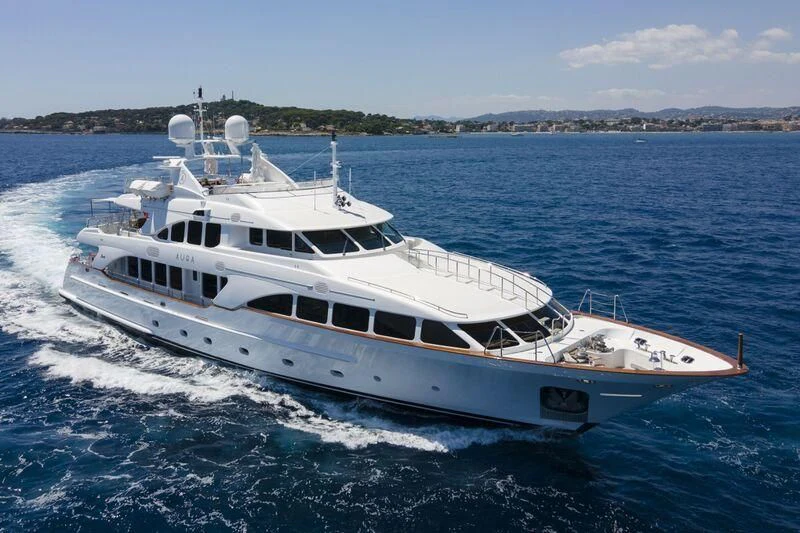 a large white yacht aboard AURA Yacht for Sale
