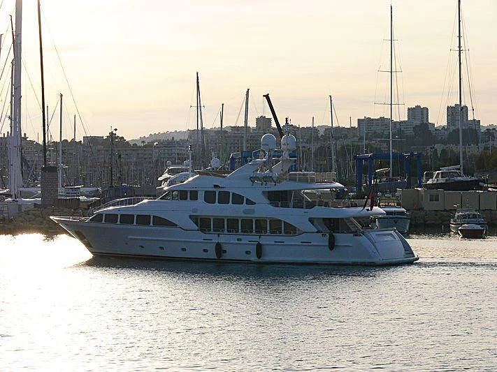 a boat in the water aboard AURA Yacht for Sale