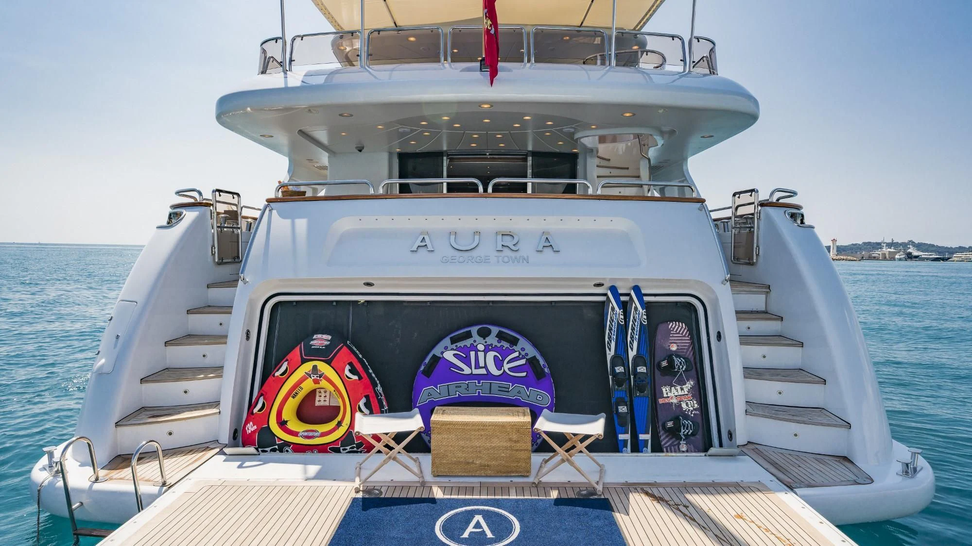 a boat on the water aboard AURA Yacht for Sale
