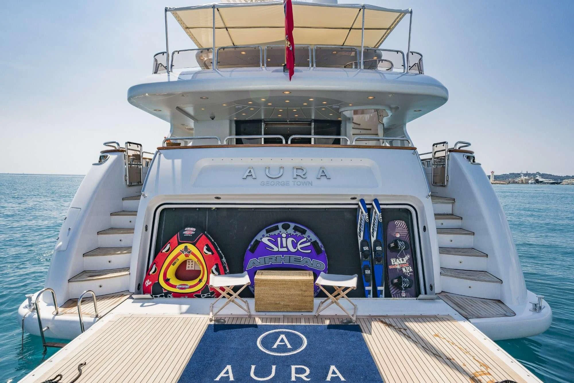 a boat on the water aboard AURA Yacht for Sale
