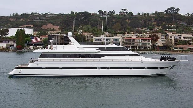 a large white yacht on the water aboard LE CANARD Yacht for Sale