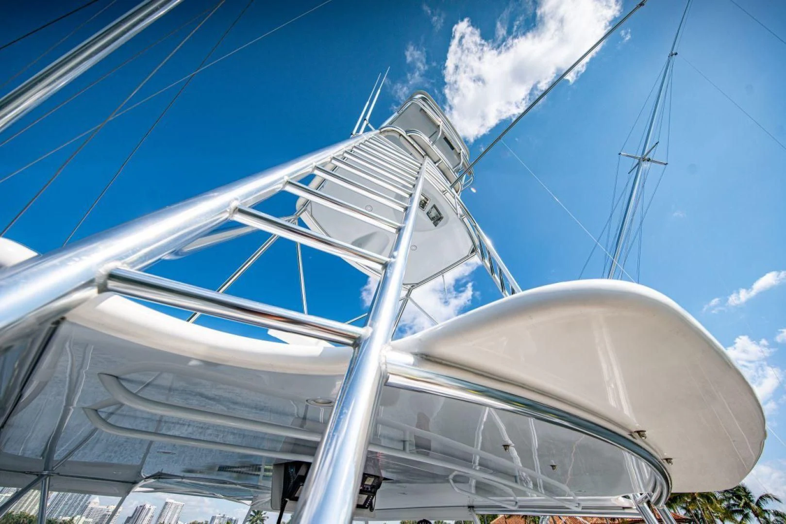 a white building with a spiral staircase aboard SALT7 Yacht for Sale