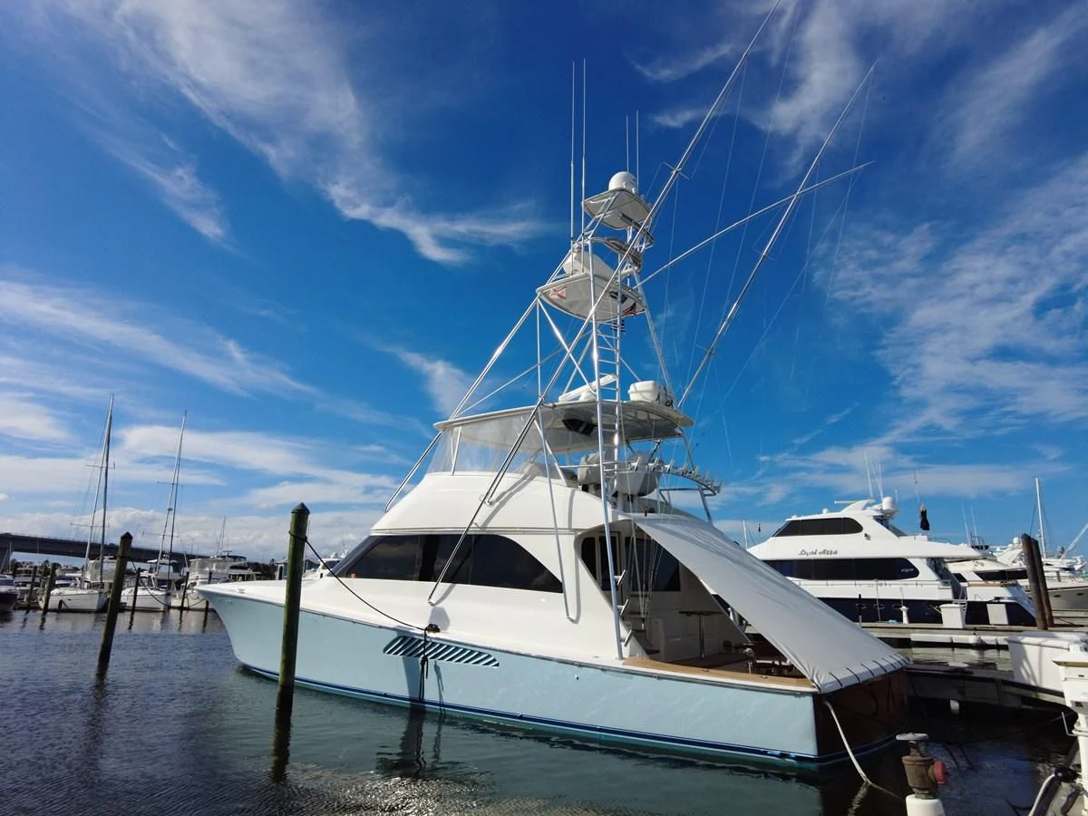 a boat docked at a pier aboard SALT7 Yacht for Sale