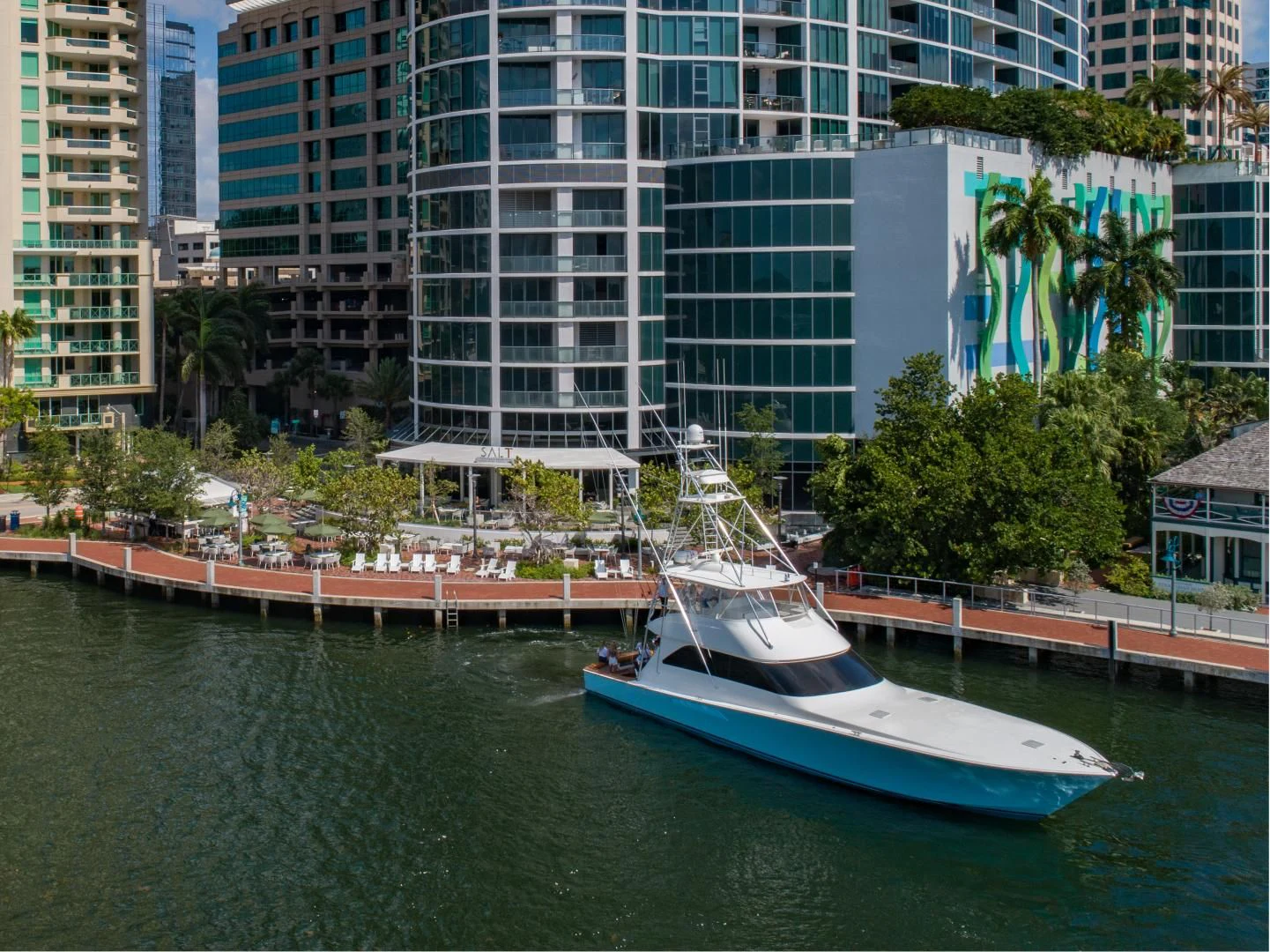 a boat docked at a pier aboard SALT7 Yacht for Sale