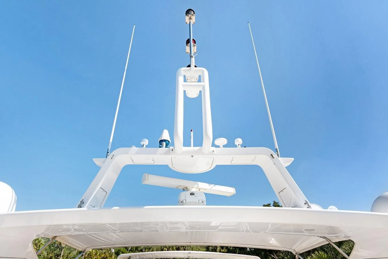 a white building with a tower aboard CRISTALES Yacht for Sale