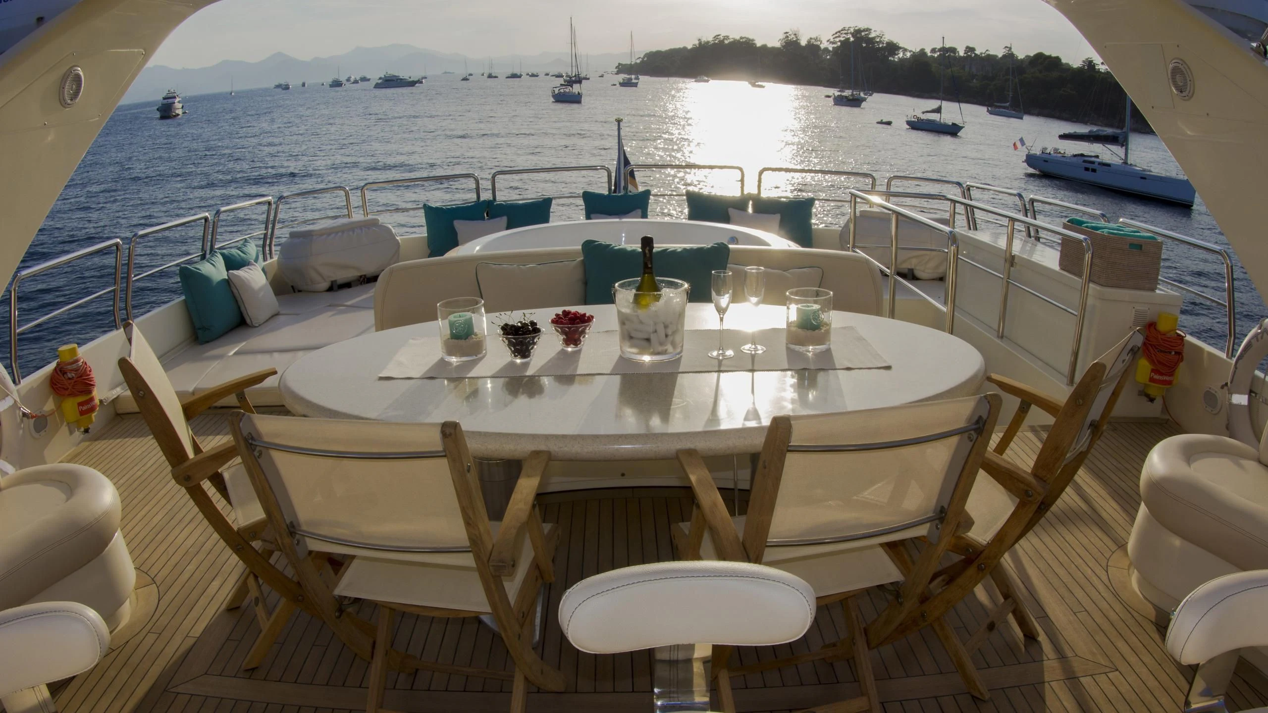 a table set on a boat aboard CRISTALES Yacht for Sale