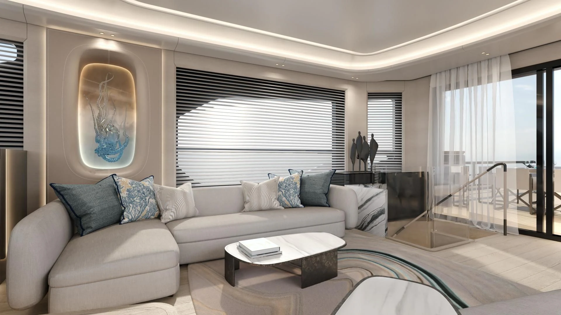 a living room with a large white sofa and a large window aboard PROJECT ALUNA 87 Yacht for Sale