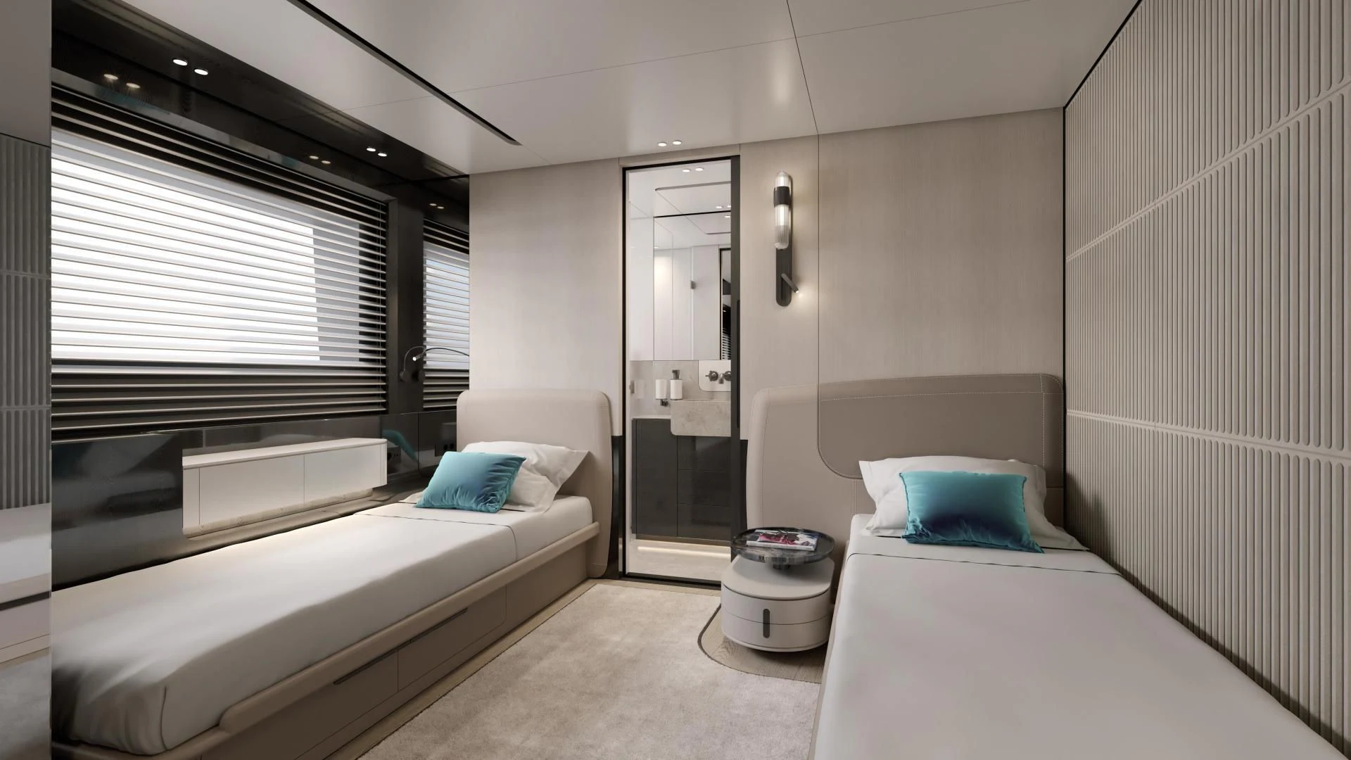 a room with two beds aboard PROJECT ALUNA 87 Yacht for Sale