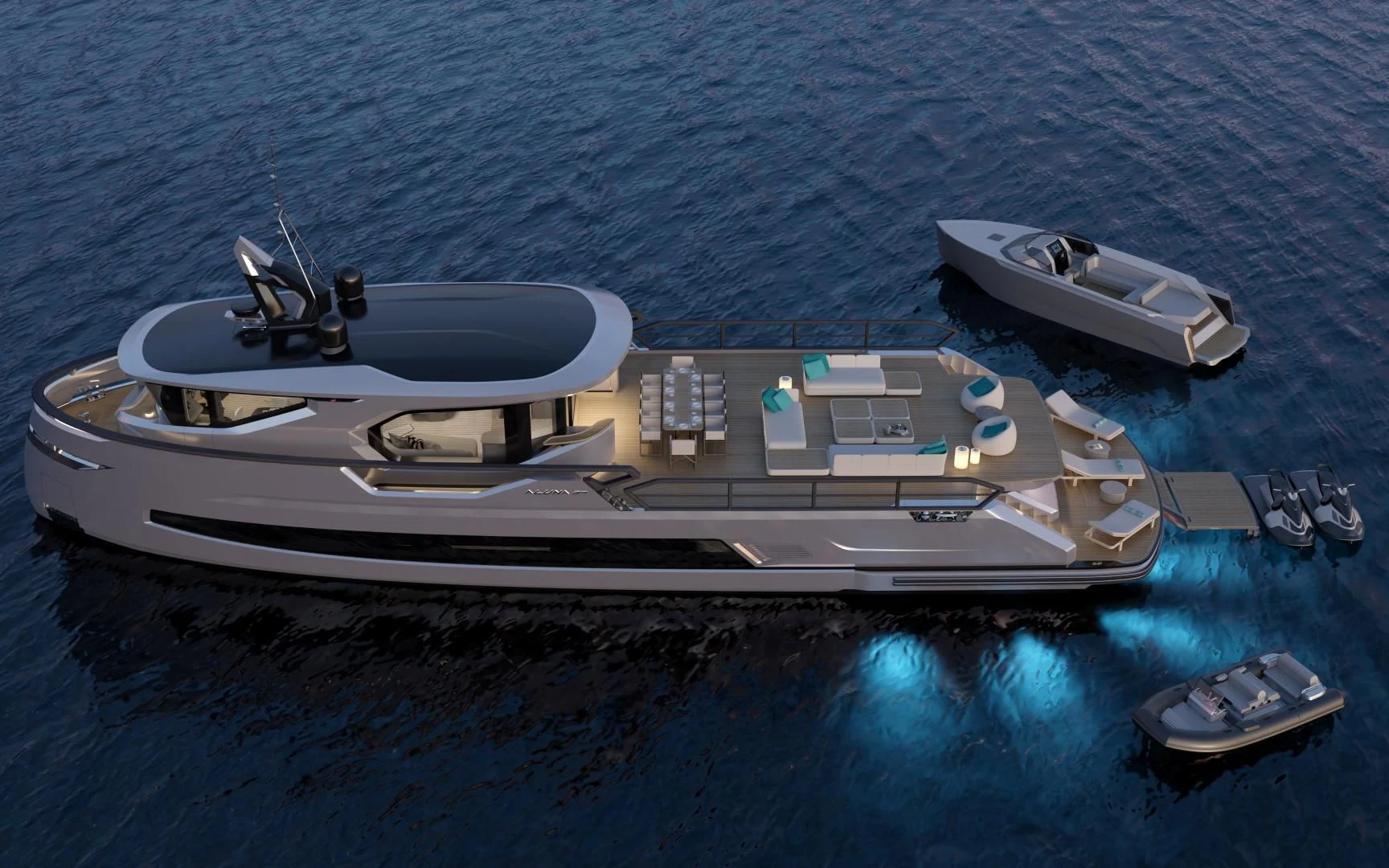 a space ship on the water aboard PROJECT ALUNA 87 Yacht for Sale
