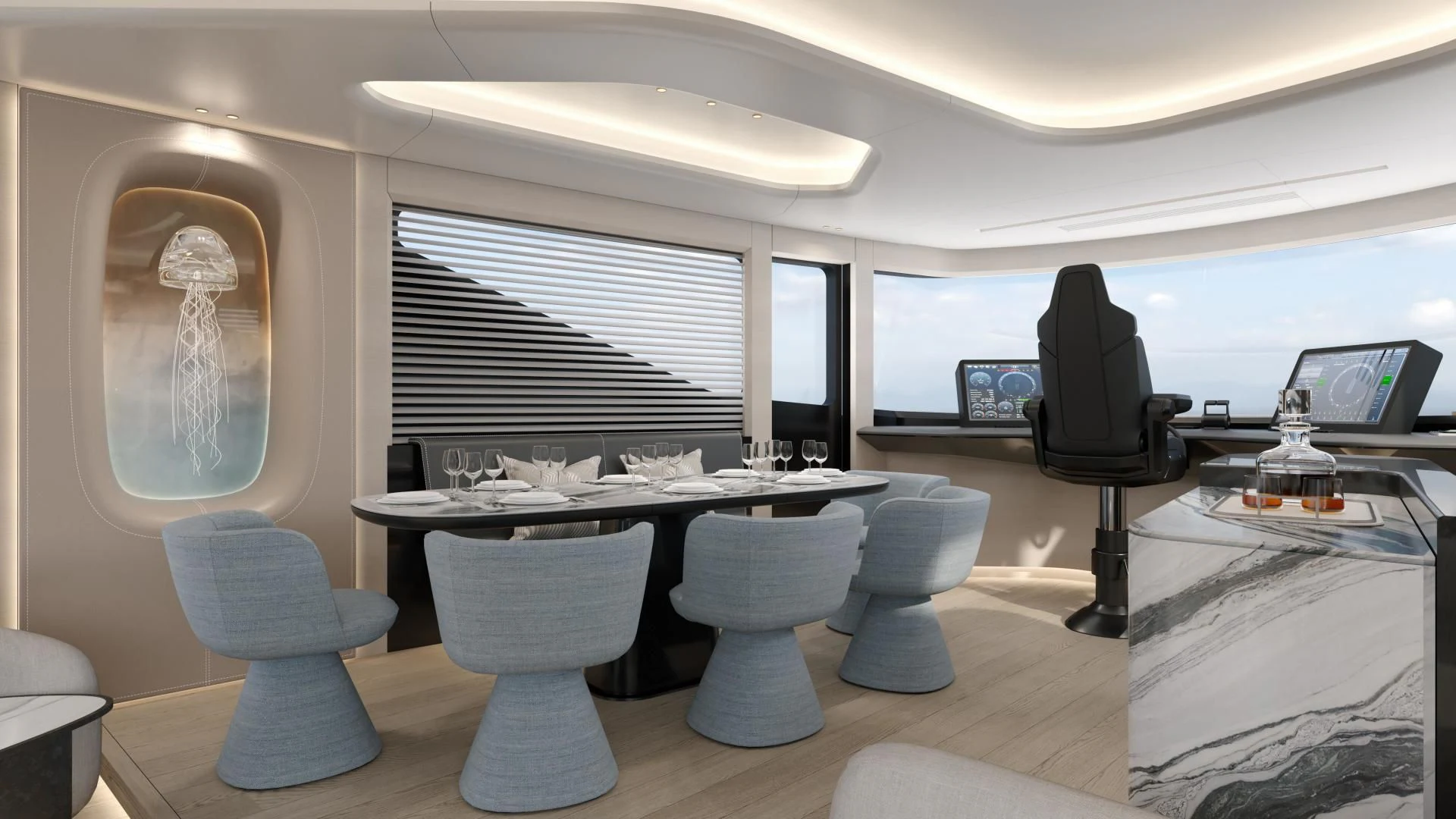 a room with a table and chairs aboard PROJECT ALUNA 87 Yacht for Sale