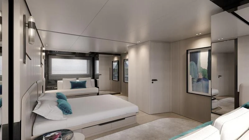 a bedroom with a bed and a tv aboard PROJECT ALUNA 87 Yacht for Sale