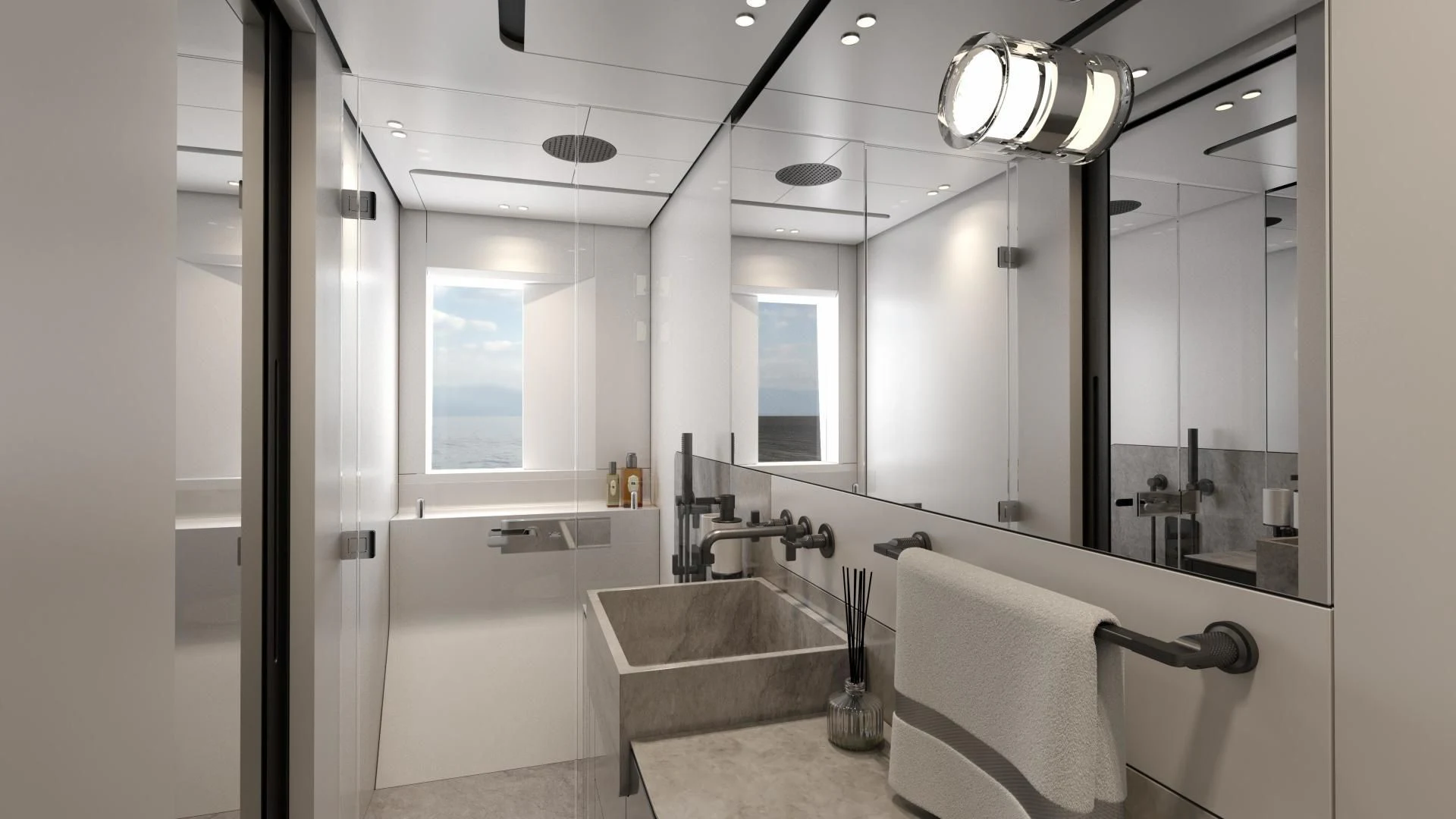 a bathroom with a large mirror aboard PROJECT ALUNA 87 Yacht for Sale