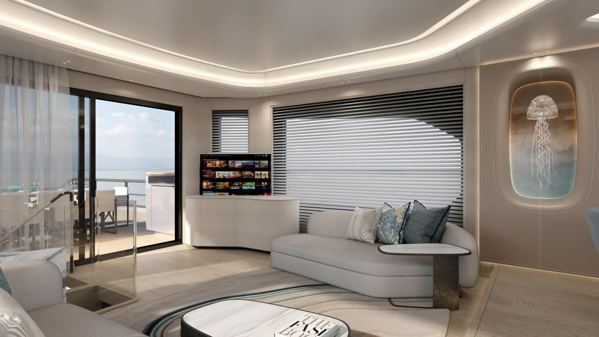 a living room with a large window aboard PROJECT ALUNA 87 Yacht for Sale