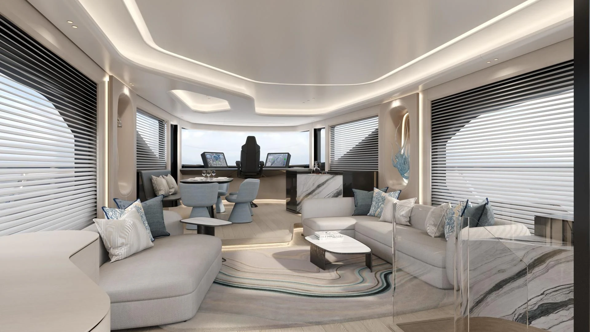 a living room with white furniture aboard PROJECT ALUNA 87 Yacht for Sale