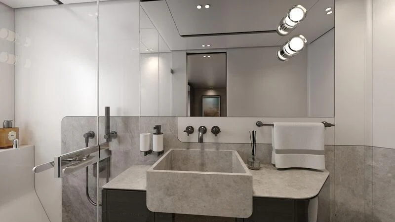 a bathroom with a sink and a mirror aboard PROJECT ALUNA 87 Yacht for Sale