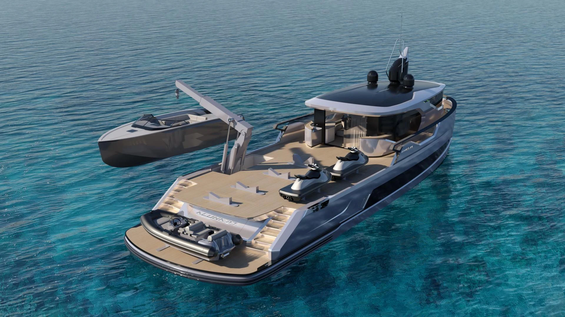 a boat in the water aboard PROJECT ALUNA 87 Yacht for Sale
