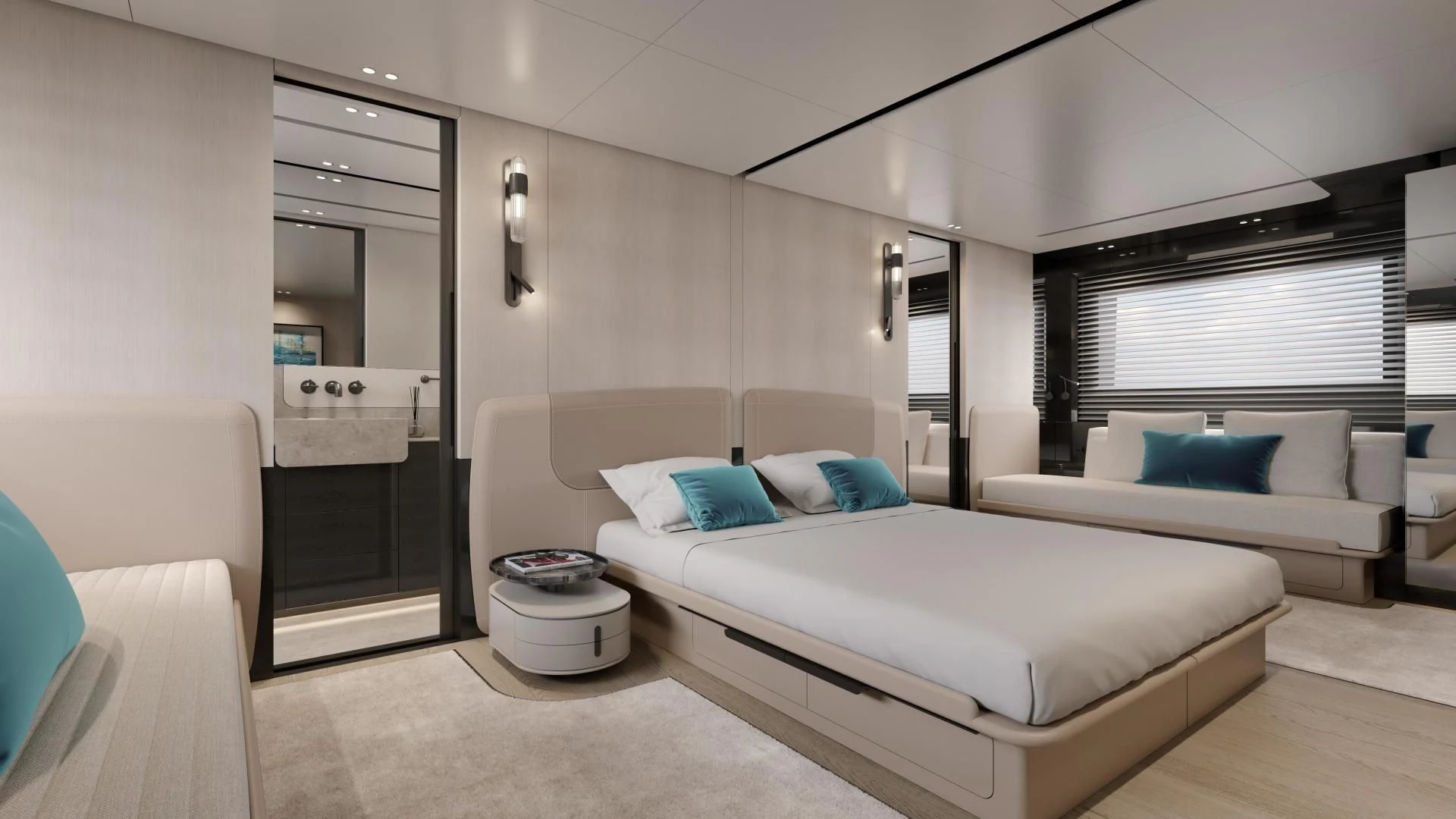 a modern bedroom with a bed aboard PROJECT ALUNA 87 Yacht for Sale