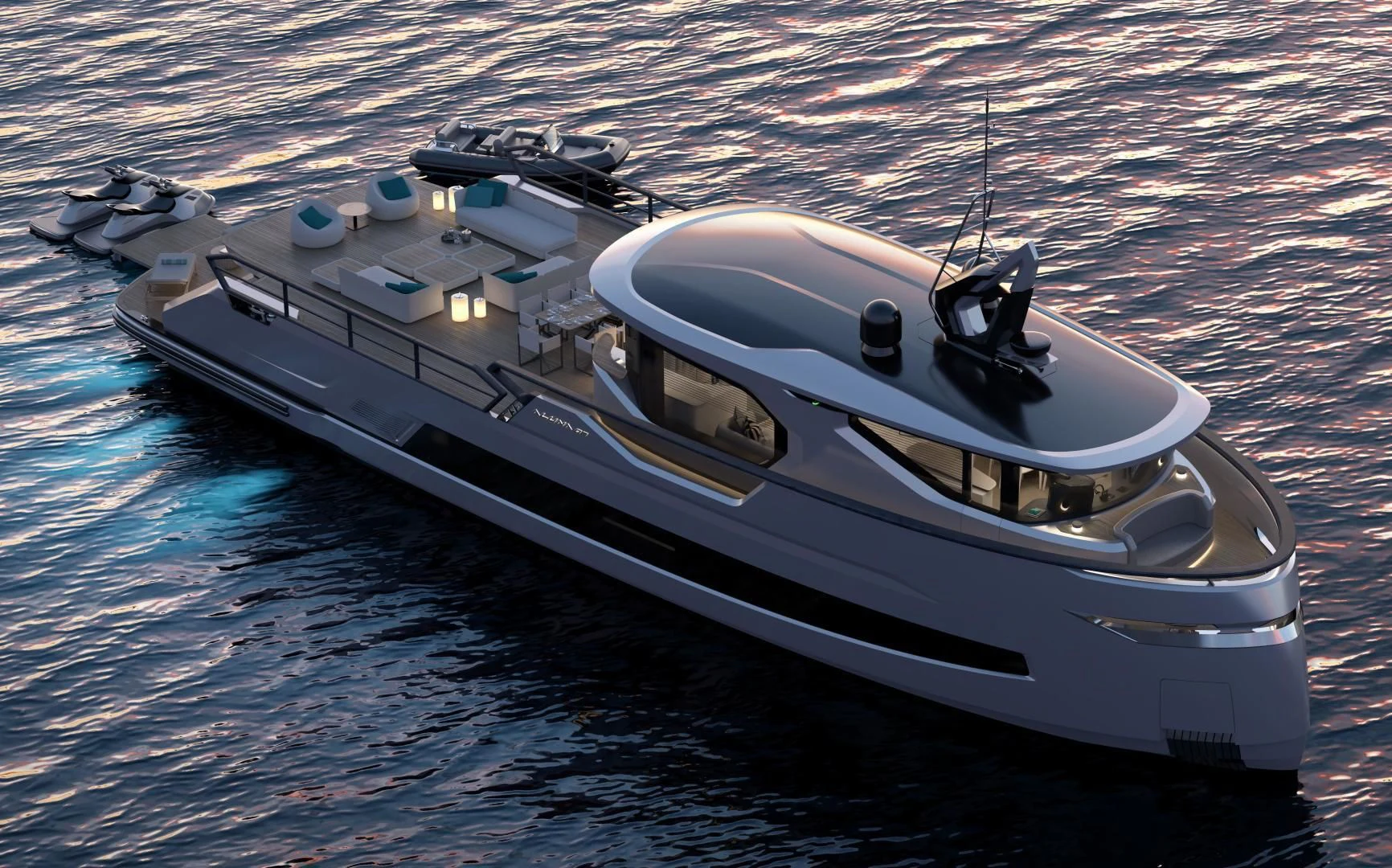 a white boat on water aboard PROJECT ALUNA 87 Yacht for Sale