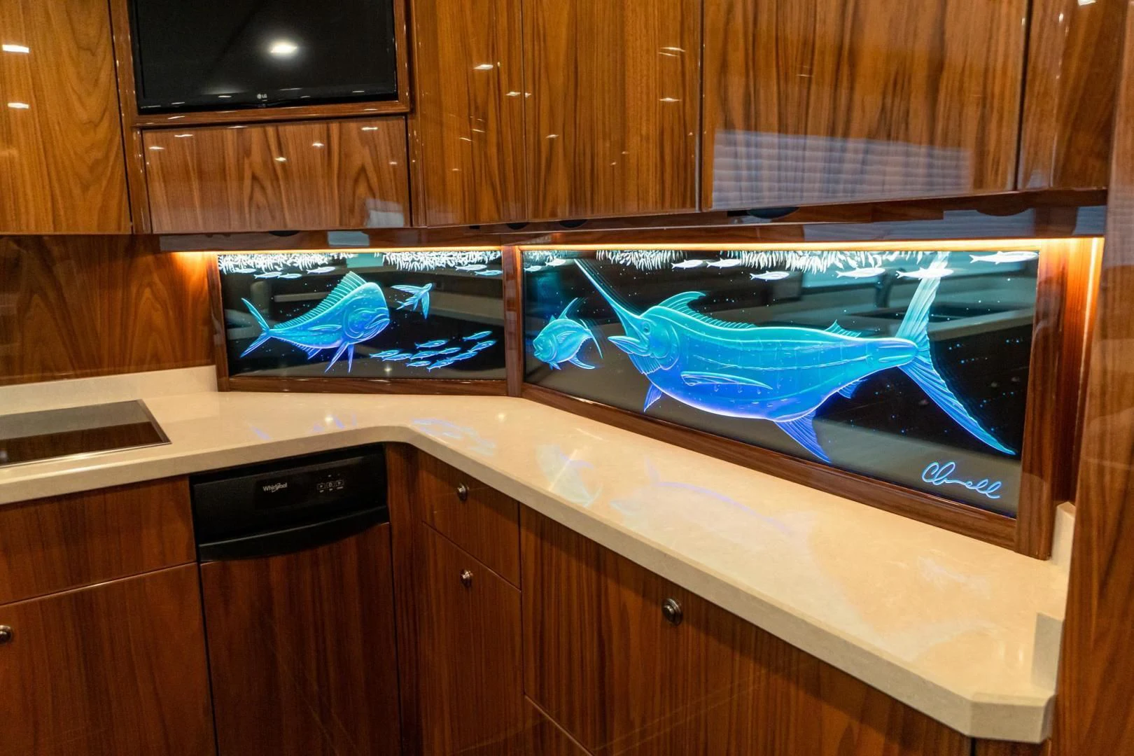 a kitchen with a large glass window aboard TAG TEAM Yacht for Sale