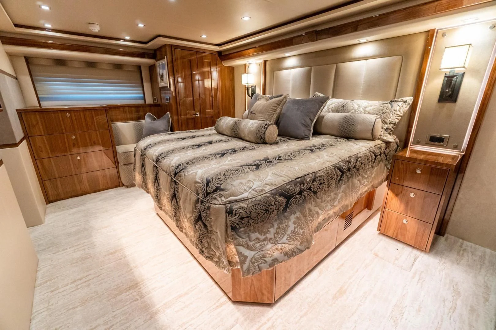 a large bed in a room aboard TAG TEAM Yacht for Sale