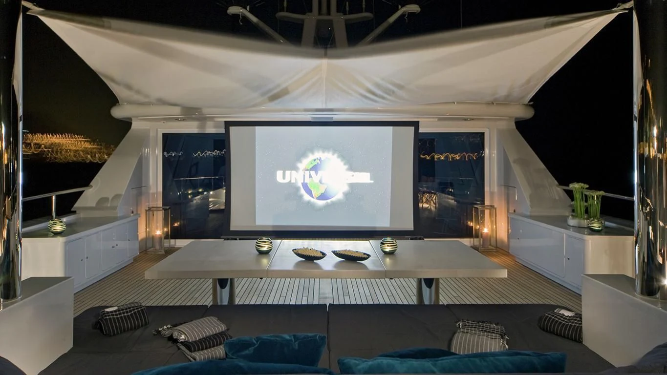 a room with a large screen aboard CYAN Yacht for Sale