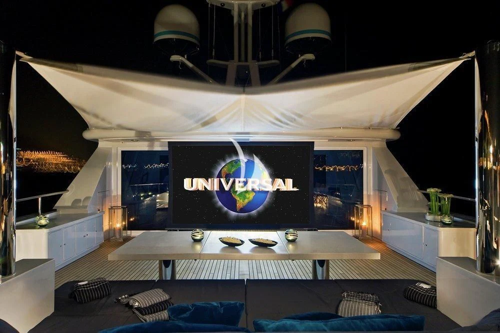 a room with a large screen aboard CYAN Yacht for Sale