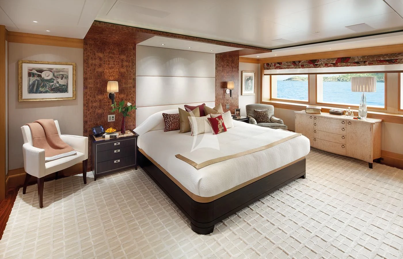 a large bedroom with a large bed aboard LADY BRITT Yacht for Charter
