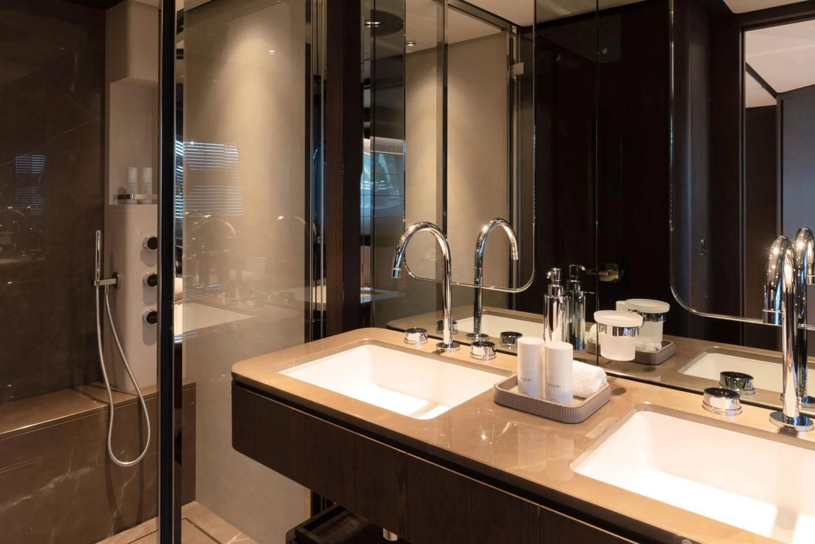 a bathroom with two sinks aboard BESO Yacht for Sale