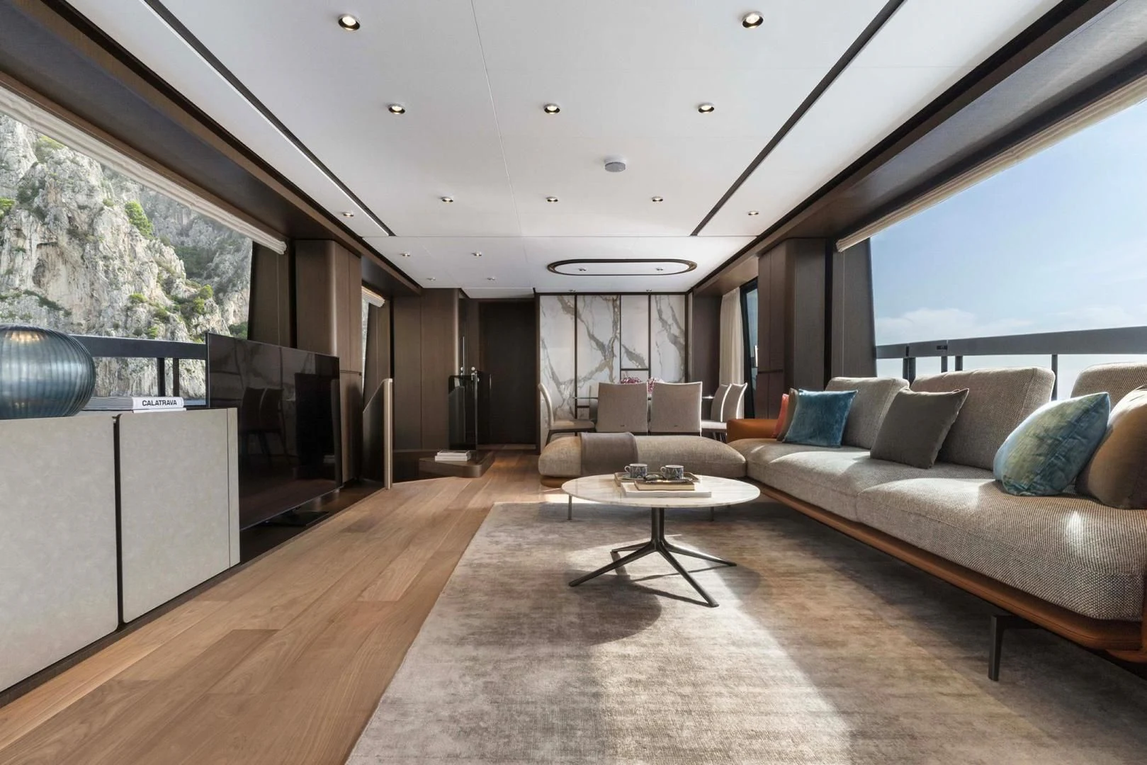 a living room with a large window aboard BESO Yacht for Sale
