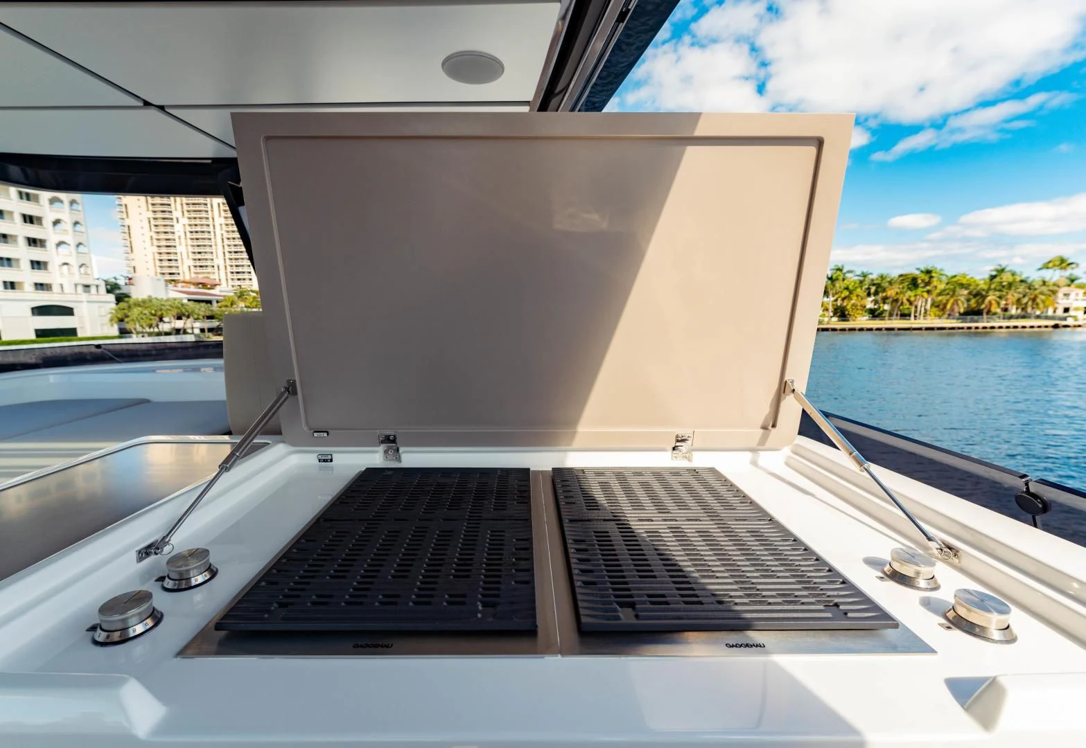 a large white piano on a boat aboard BESO Yacht for Sale