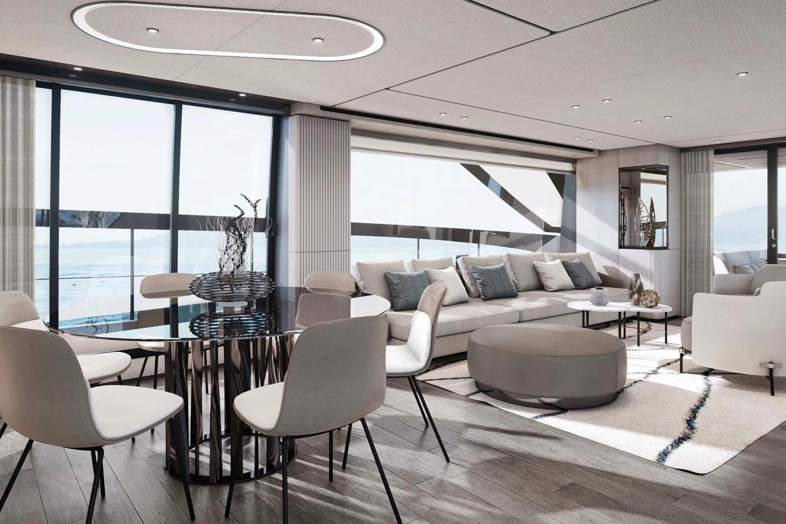 a living room with a large window aboard BESO Yacht for Sale