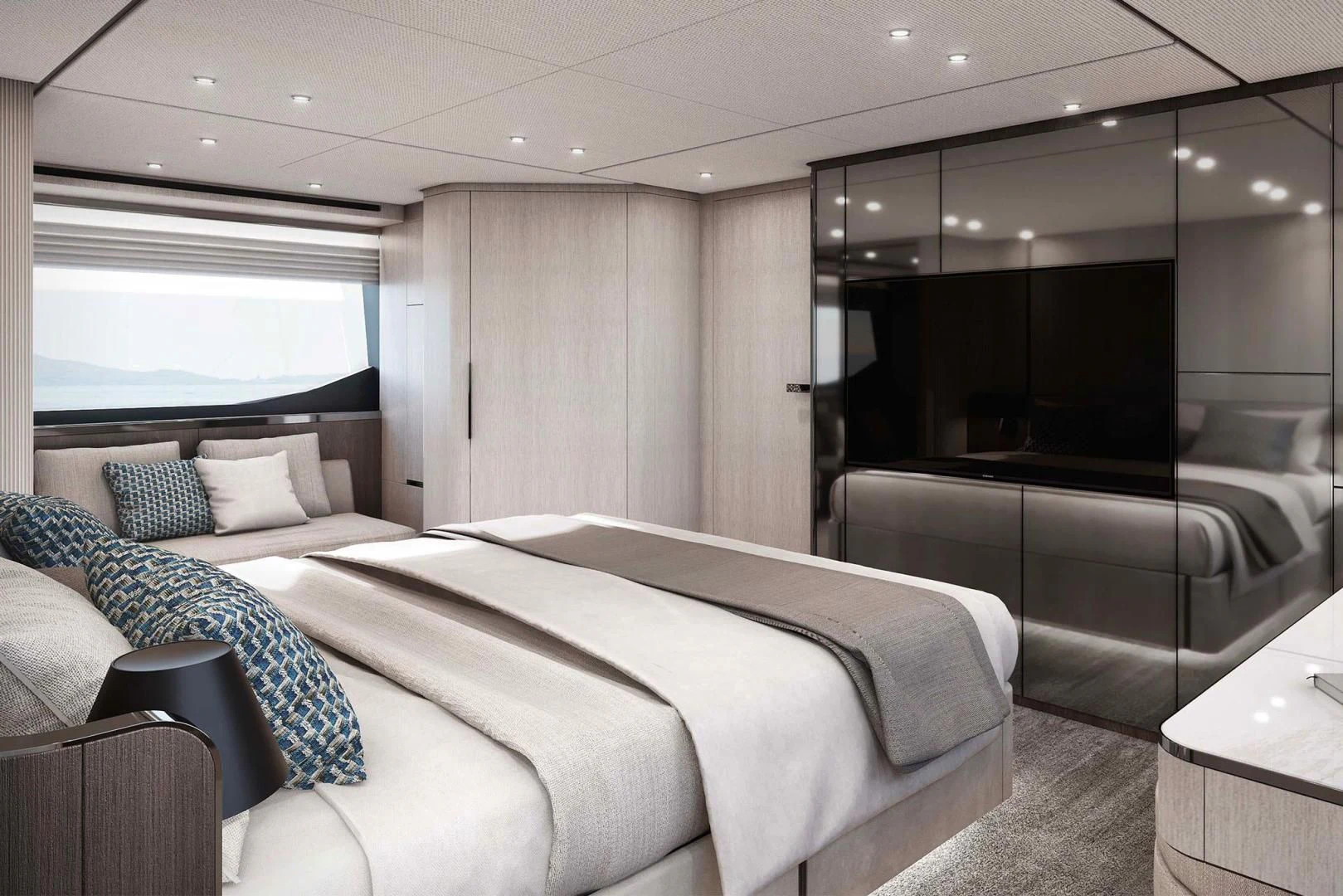 a room with a bed and a mirror aboard BESO Yacht for Sale