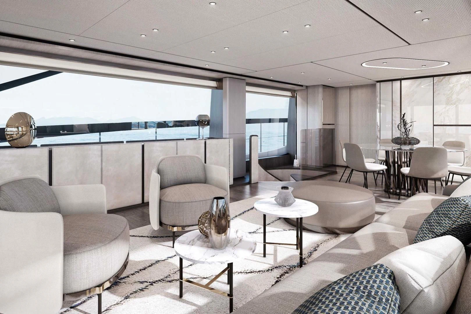 a living room with a large window aboard BESO Yacht for Sale